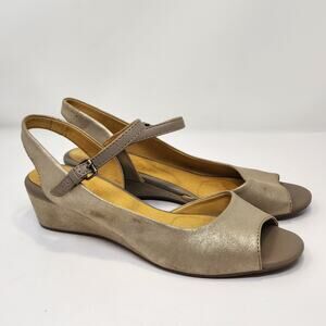 Bussola Womens Tampere Gold Leather Wedge Slingback Heels Sandals Size 40 US 9.5